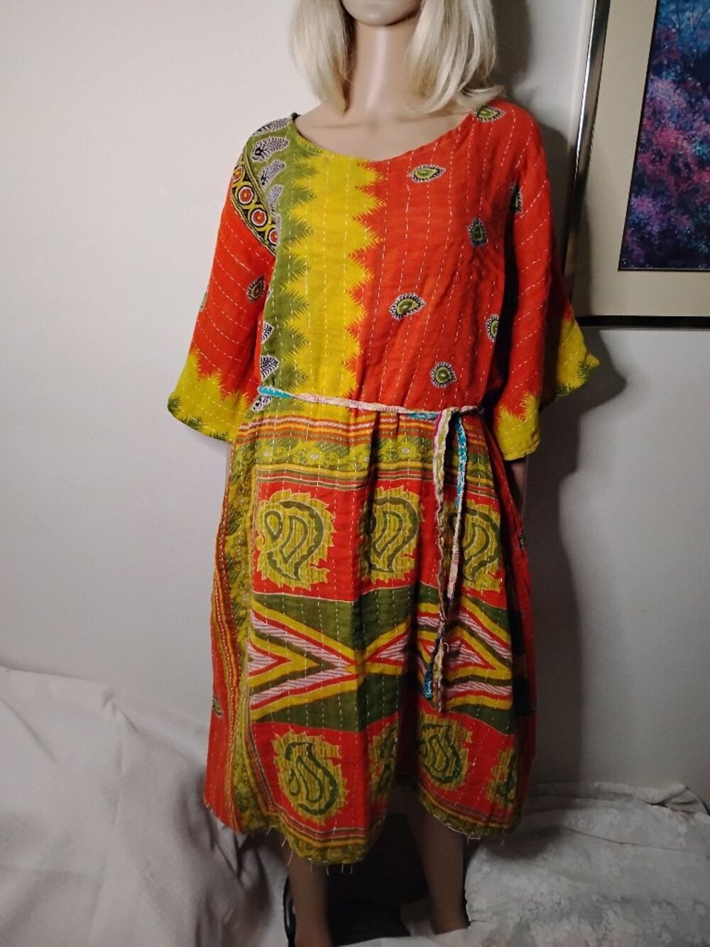 Kantha Dress Tangerine Green 2X & Under Reversible Lightweight Handmade KD1.